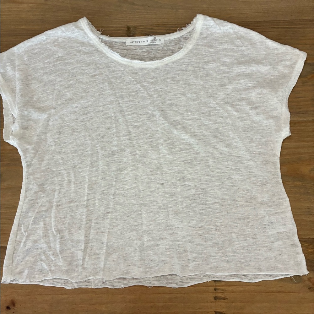 Altar’d State white semi-sheer “burnout” fabric white top